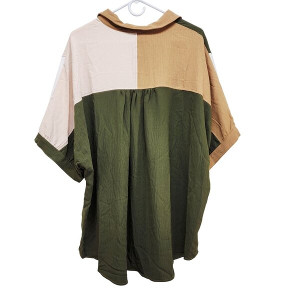 Colorblock Button-Up Short-Sleeve Shirt Women Size 2XL Dokotoo Green Beige White - Picture 2 of 8